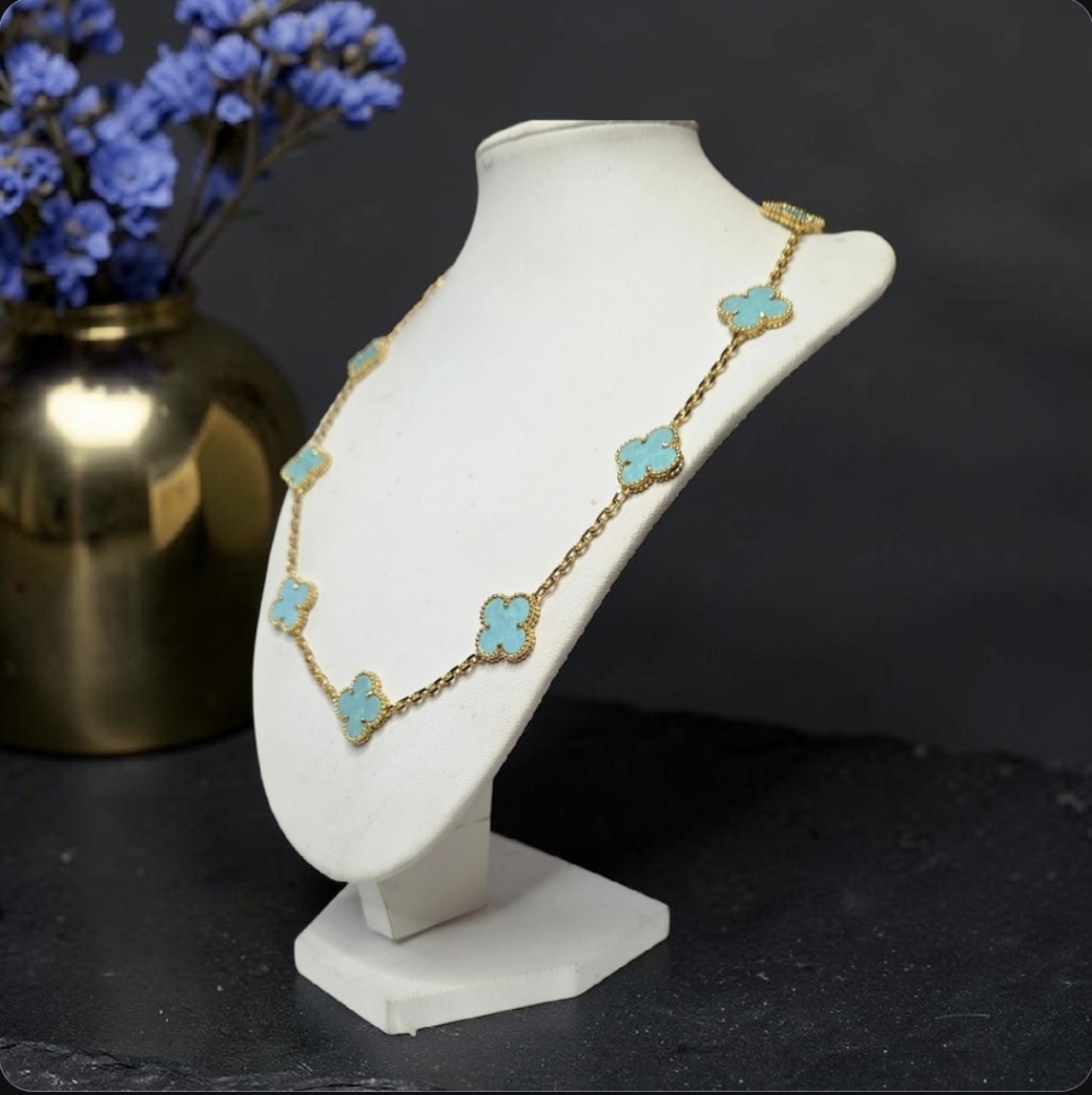 Luxury 18k Gold Plated Turquoise Clover 10 Station Alhambra Necklace - Picture 4 of 5